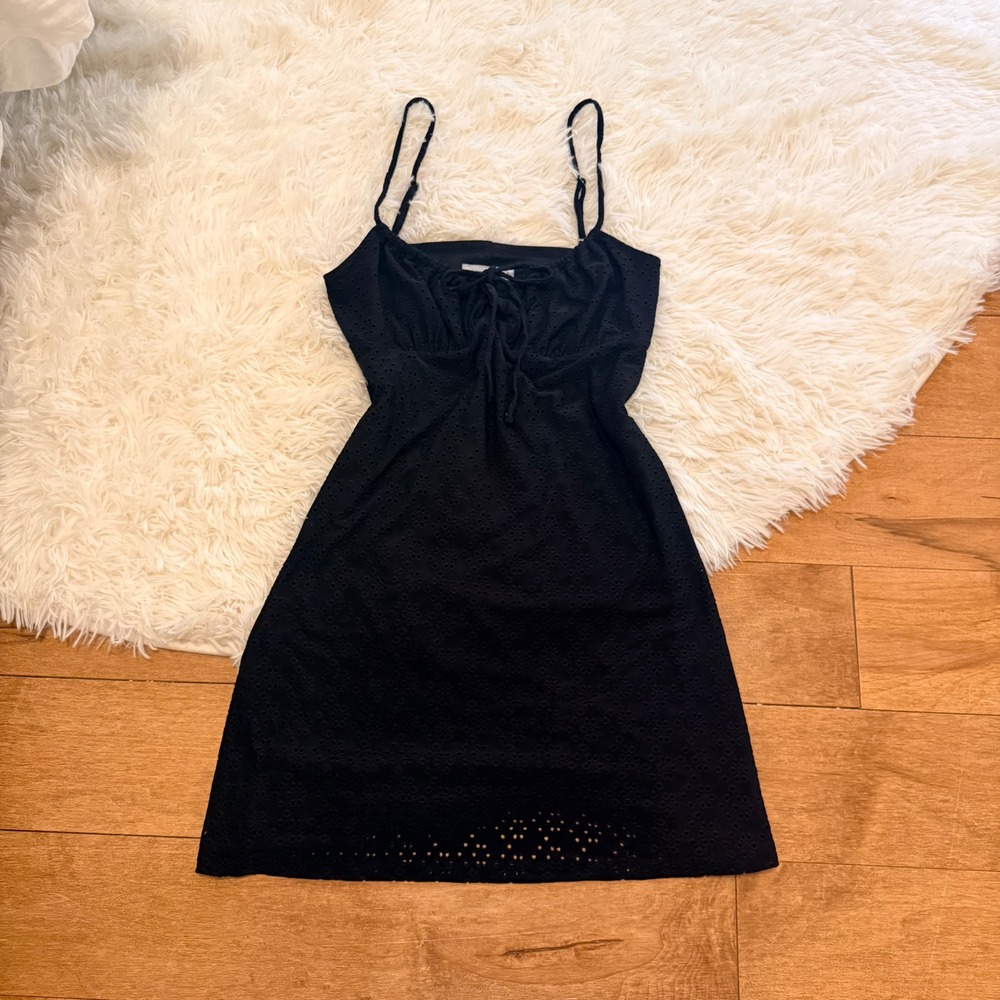 Aeropostale‎ Black Eyelet Mini Dress Womens Size Small Milkmaid Coquette Summer
